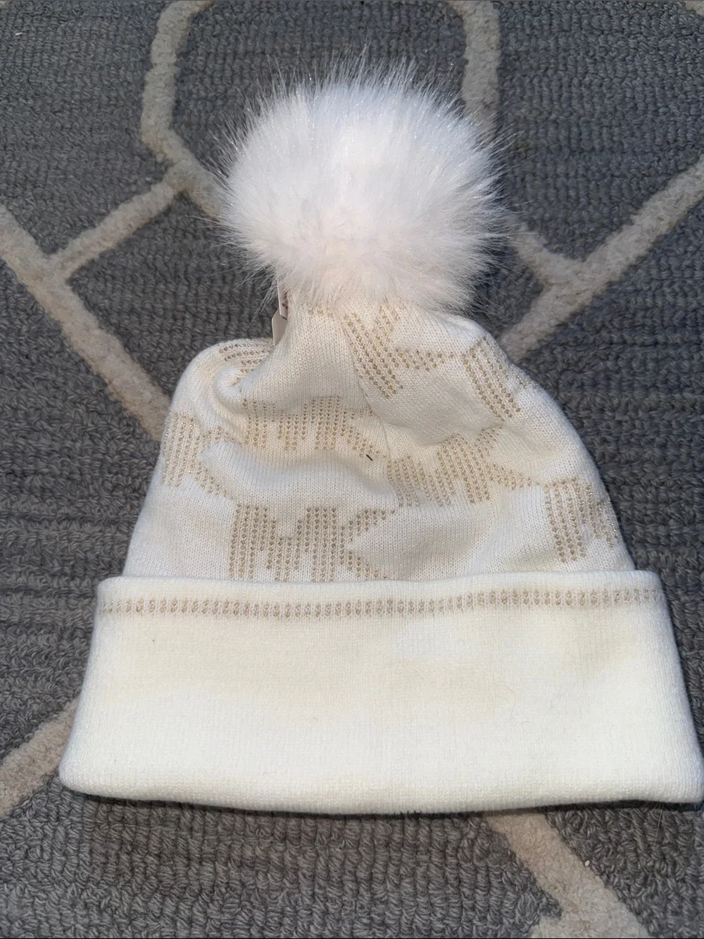 Michael Kors Diamond Cable Pom Beanie Cream Gold NWT